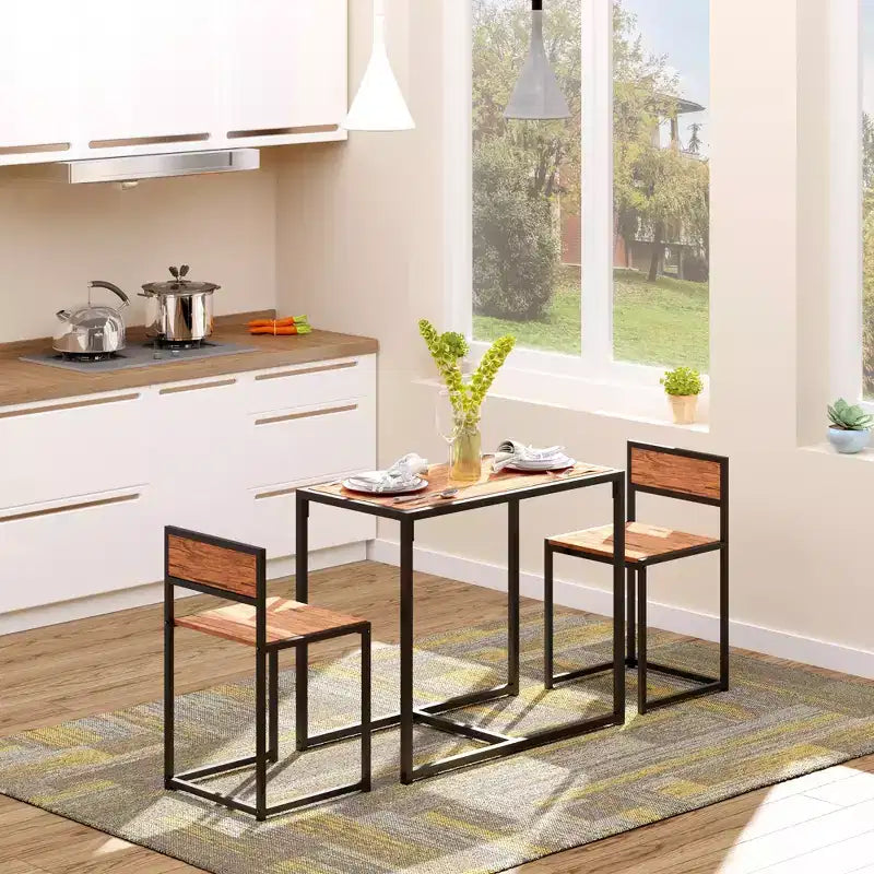 Set da pranzo in legno di 3 pezzi con tavolo quadrato, 1 tavolo e 2 sedie, e robusta struttura in metallo, ideale per piccoli spazi