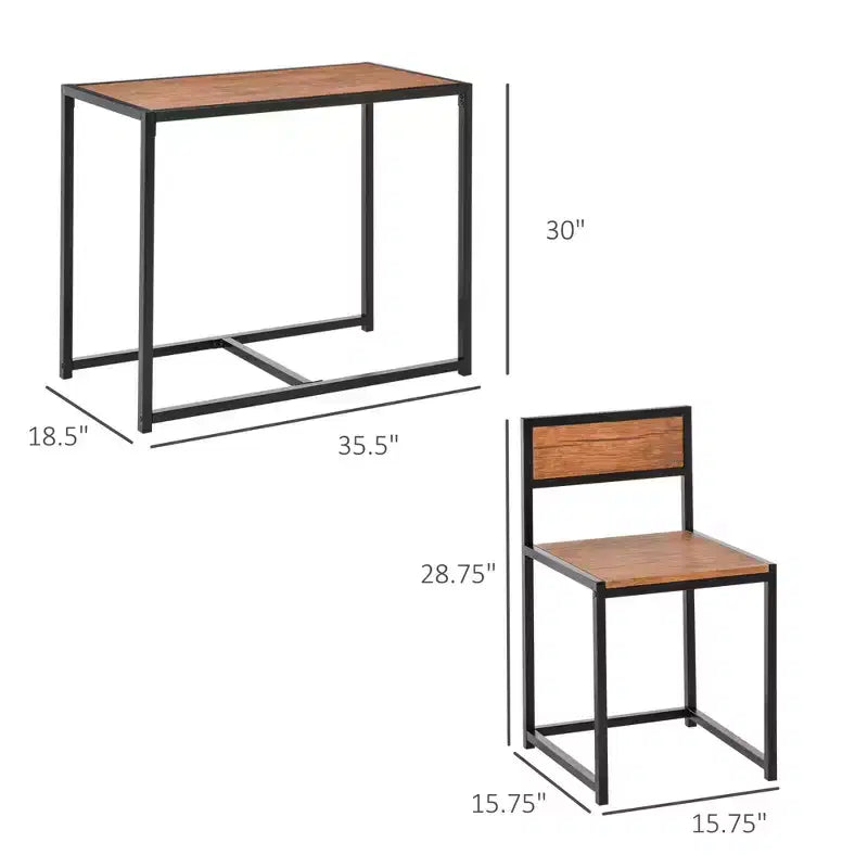 Set da pranzo in legno di 3 pezzi con tavolo quadrato, 1 tavolo e 2 sedie, e robusta struttura in metallo, ideale per piccoli spazi