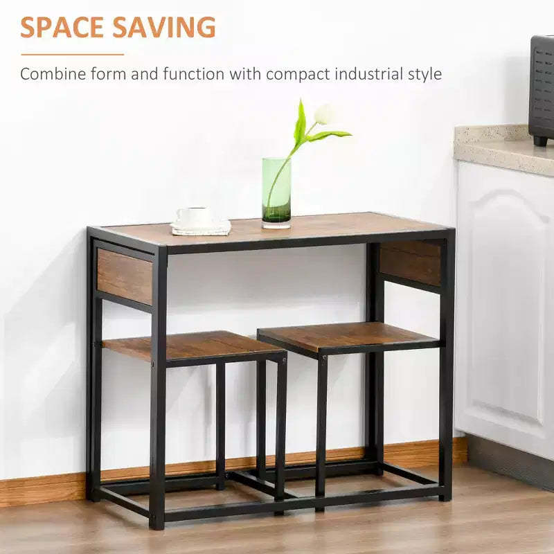 Set da pranzo in legno di 3 pezzi con tavolo quadrato, 1 tavolo e 2 sedie, e robusta struttura in metallo, ideale per piccoli spazi