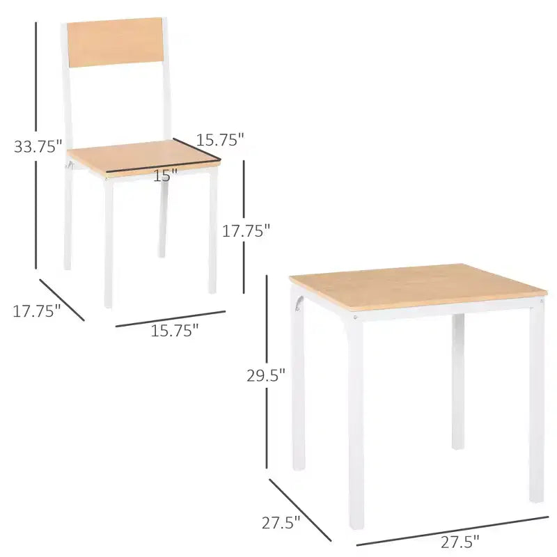Set da pranzo in legno di 3 pezzi con tavolo quadrato, 1 tavolo e 2 sedie, e robusta struttura in metallo, ideale per piccoli spazi