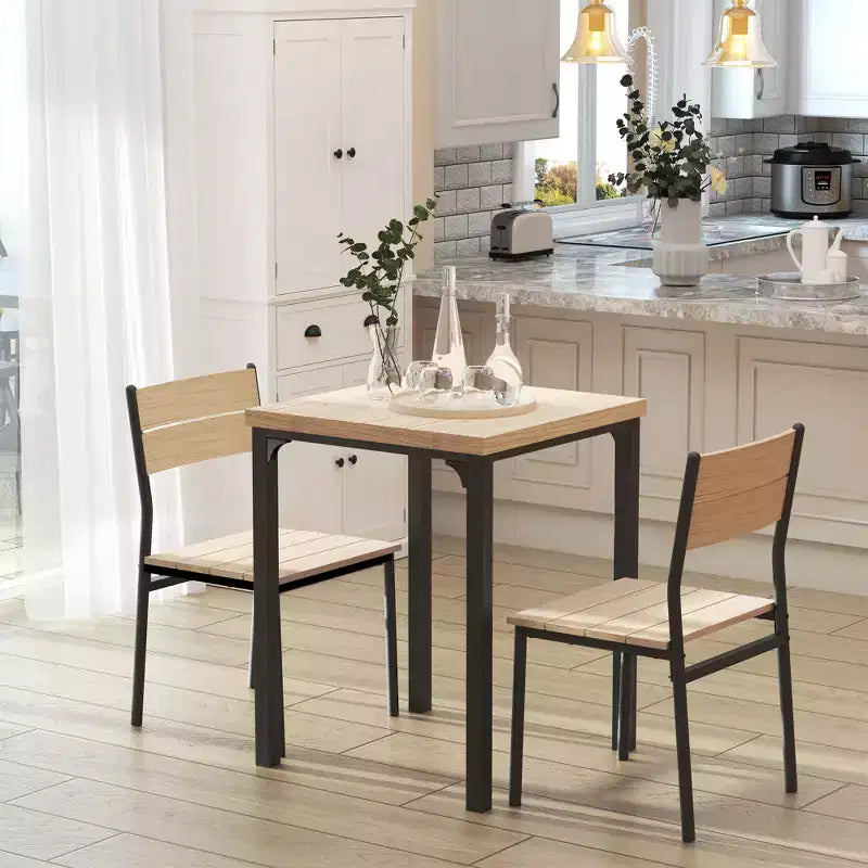 Set da pranzo in legno di 3 pezzi con tavolo quadrato, 1 tavolo e 2 sedie, e robusta struttura in metallo, ideale per piccoli spazi