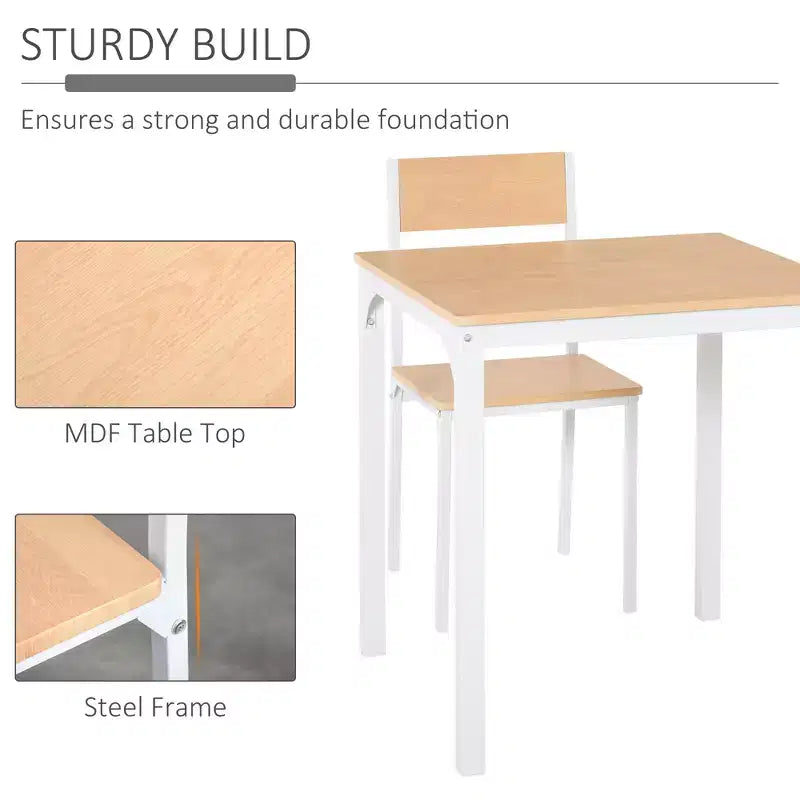Set da pranzo in legno di 3 pezzi con tavolo quadrato, 1 tavolo e 2 sedie, e robusta struttura in metallo, ideale per piccoli spazi