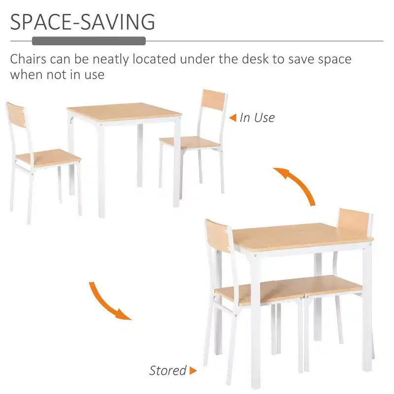 Set da pranzo in legno di 3 pezzi con tavolo quadrato, 1 tavolo e 2 sedie, e robusta struttura in metallo, ideale per piccoli spazi