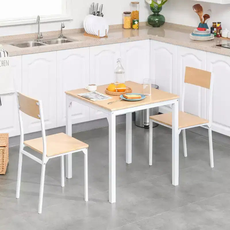 Set da pranzo in legno di 3 pezzi con tavolo quadrato, 1 tavolo e 2 sedie, e robusta struttura in metallo, ideale per piccoli spazi