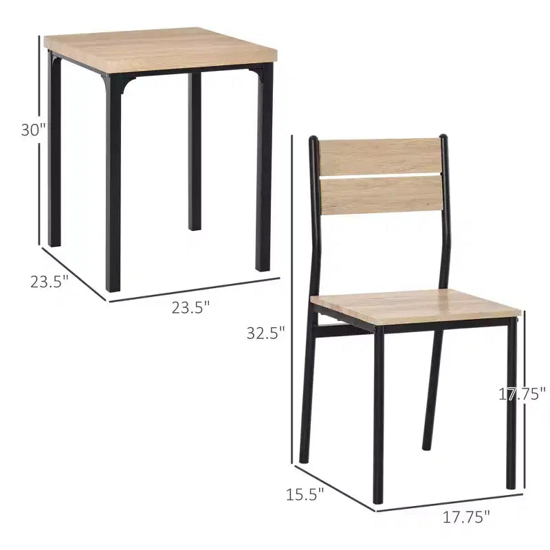 Set da pranzo in legno di 3 pezzi con tavolo quadrato, 1 tavolo e 2 sedie, e robusta struttura in metallo, ideale per piccoli spazi