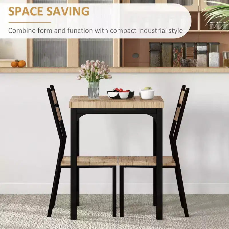 Set da pranzo in legno di 3 pezzi con tavolo quadrato, 1 tavolo e 2 sedie, e robusta struttura in metallo, ideale per piccoli spazi