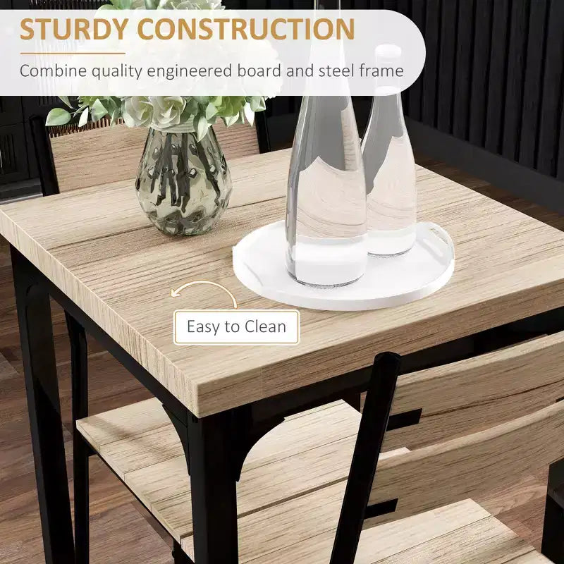 Set da pranzo in legno di 3 pezzi con tavolo quadrato, 1 tavolo e 2 sedie, e robusta struttura in metallo, ideale per piccoli spazi