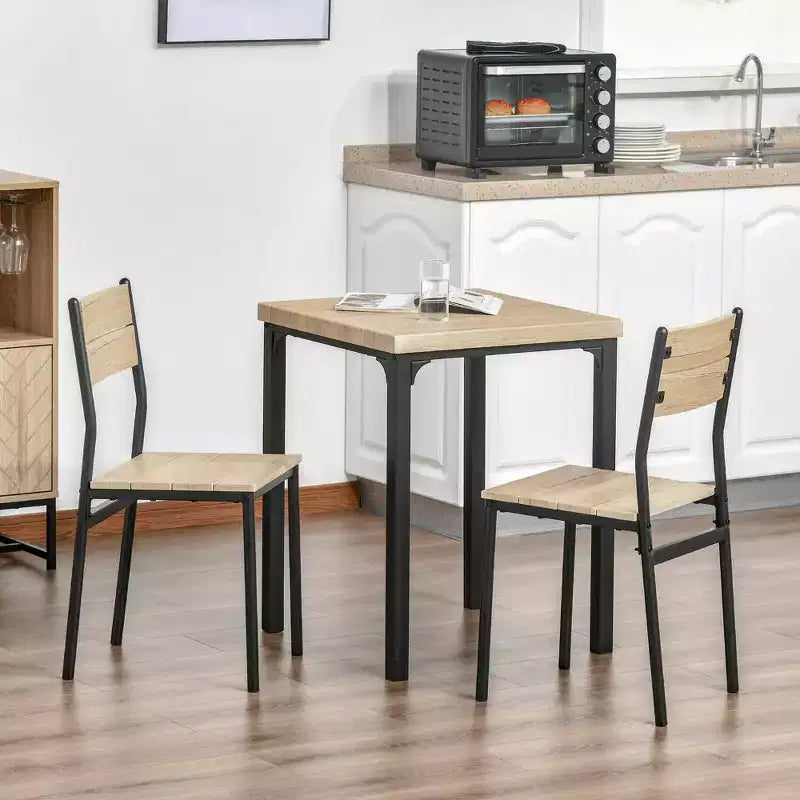 Set da pranzo in legno di 3 pezzi con tavolo quadrato, 1 tavolo e 2 sedie, e robusta struttura in metallo, ideale per piccoli spazi