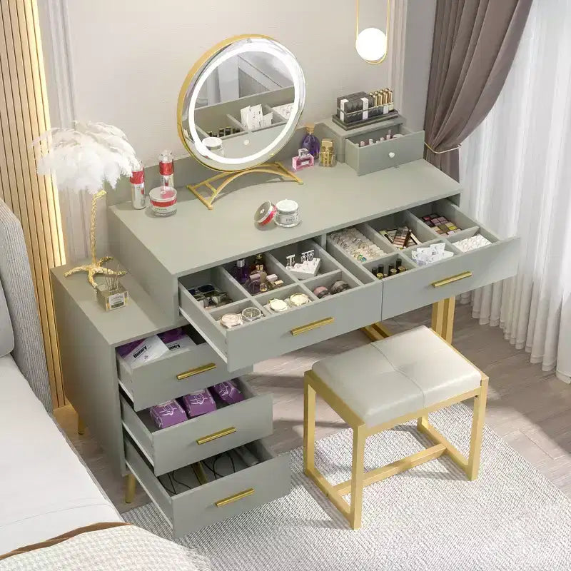 Toeletta con Sgabello e Specchio LED, Tavolo da Trucco con Cassetti in Legno