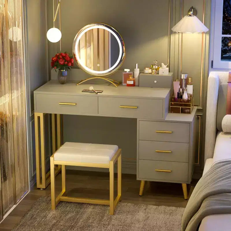 Toeletta con Sgabello e Specchio LED, Tavolo da Trucco con Cassetti in Legno
