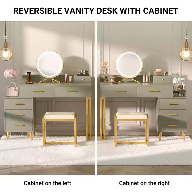 Toeletta con Sgabello e Specchio LED, Tavolo da Trucco con Cassetti in Legno