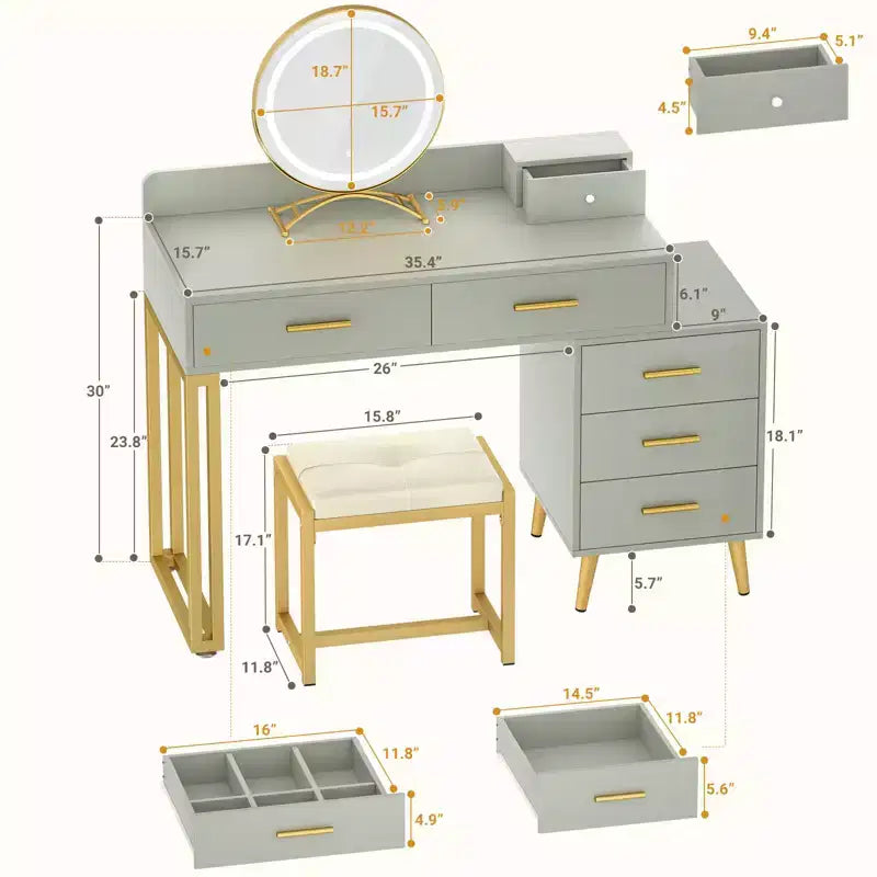 Toeletta con Sgabello e Specchio LED, Tavolo da Trucco con Cassetti in Legno