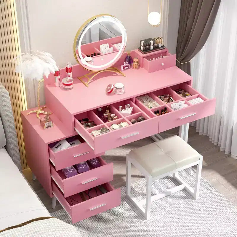 Toeletta con Sgabello e Specchio LED, Tavolo da Trucco con Cassetti in Legno