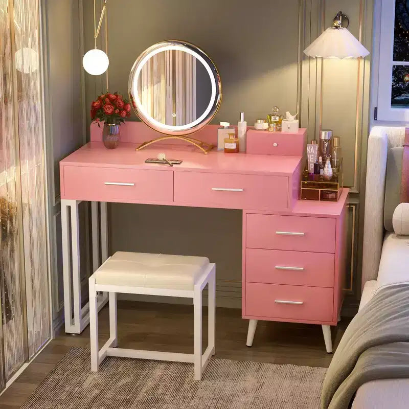 Toeletta con Sgabello e Specchio LED, Tavolo da Trucco con Cassetti in Legno