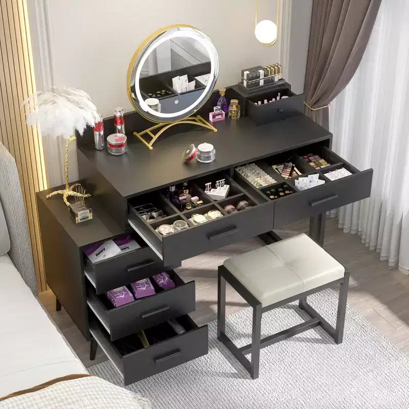 Toeletta con Sgabello e Specchio LED, Tavolo da Trucco con Cassetti in Legno