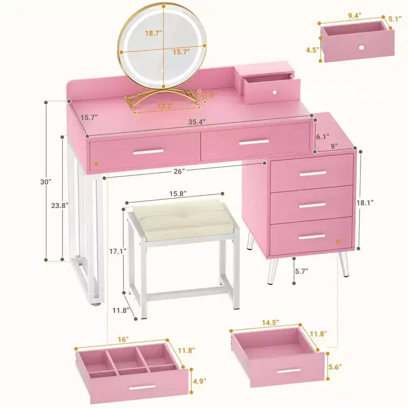 Toeletta con Sgabello e Specchio LED, Tavolo da Trucco con Cassetti in Legno