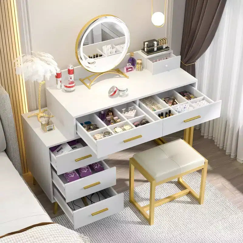 Toeletta con Sgabello e Specchio LED, Tavolo da Trucco con Cassetti in Legno