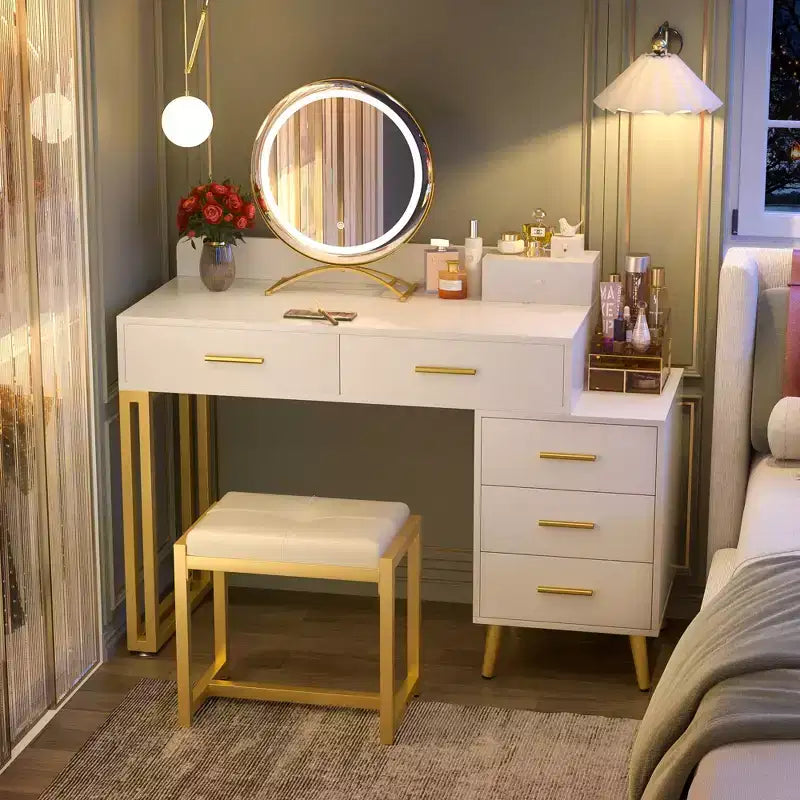 Toeletta con Sgabello e Specchio LED, Tavolo da Trucco con Cassetti in Legno