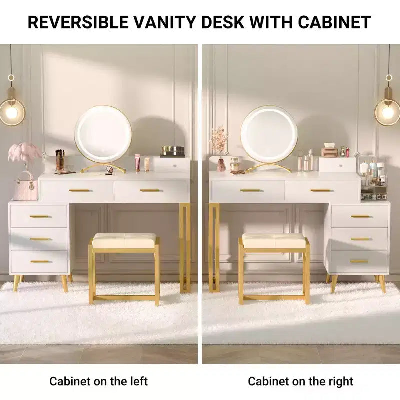 Toeletta con Sgabello e Specchio LED, Tavolo da Trucco con Cassetti in Legno