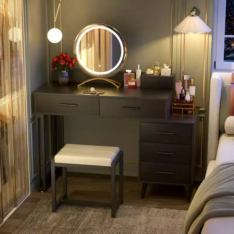 Toeletta con Sgabello e Specchio LED, Tavolo da Trucco con Cassetti in Legno