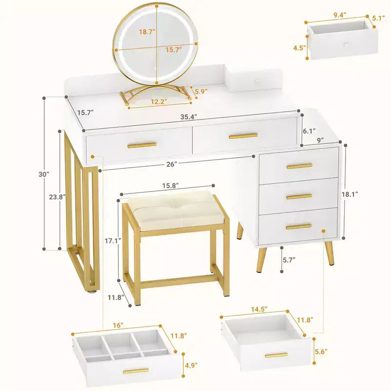 Toeletta con Sgabello e Specchio LED, Tavolo da Trucco con Cassetti in Legno