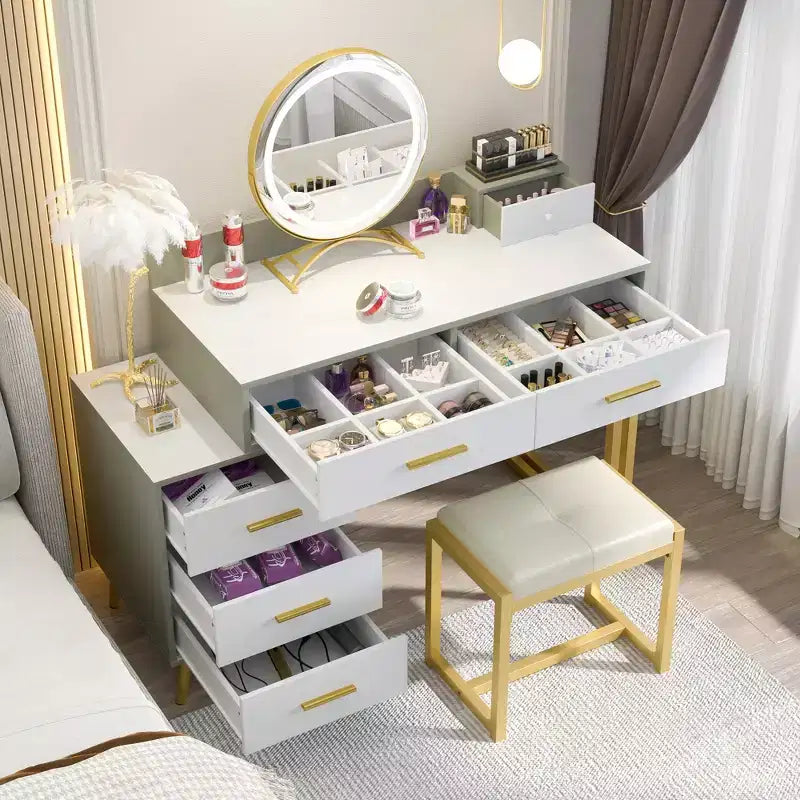 Toeletta con Sgabello e Specchio LED, Tavolo da Trucco con Cassetti in Legno