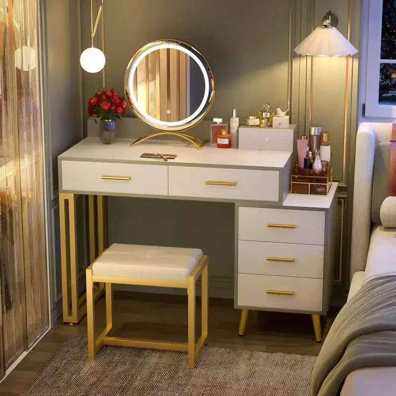 Toeletta con Sgabello e Specchio LED, Tavolo da Trucco con Cassetti in Legno