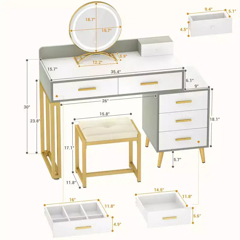 Toeletta con Sgabello e Specchio LED, Tavolo da Trucco con Cassetti in Legno