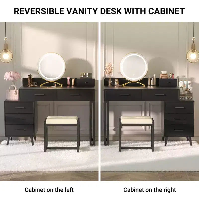 Toeletta con Sgabello e Specchio LED, Tavolo da Trucco con Cassetti in Legno