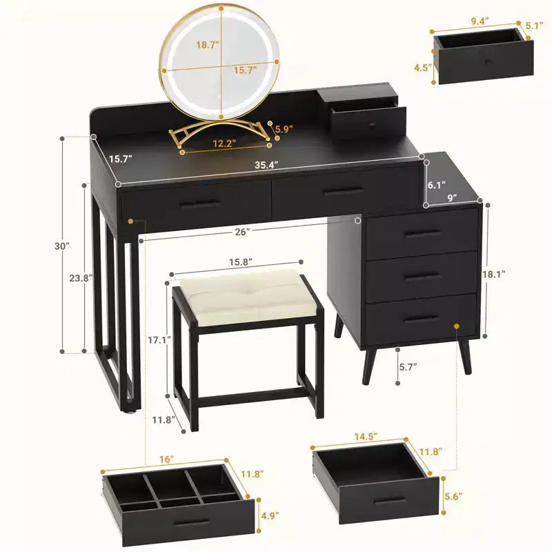 Toeletta con Sgabello e Specchio LED, Tavolo da Trucco con Cassetti in Legno
