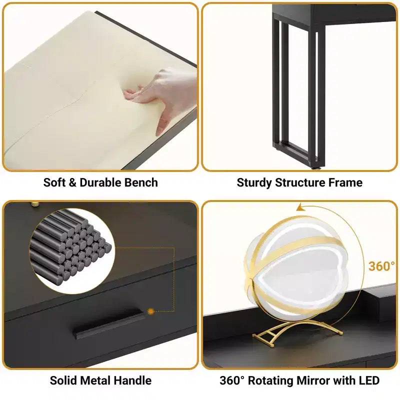 Toeletta con Sgabello e Specchio LED, Tavolo da Trucco con Cassetti in Legno