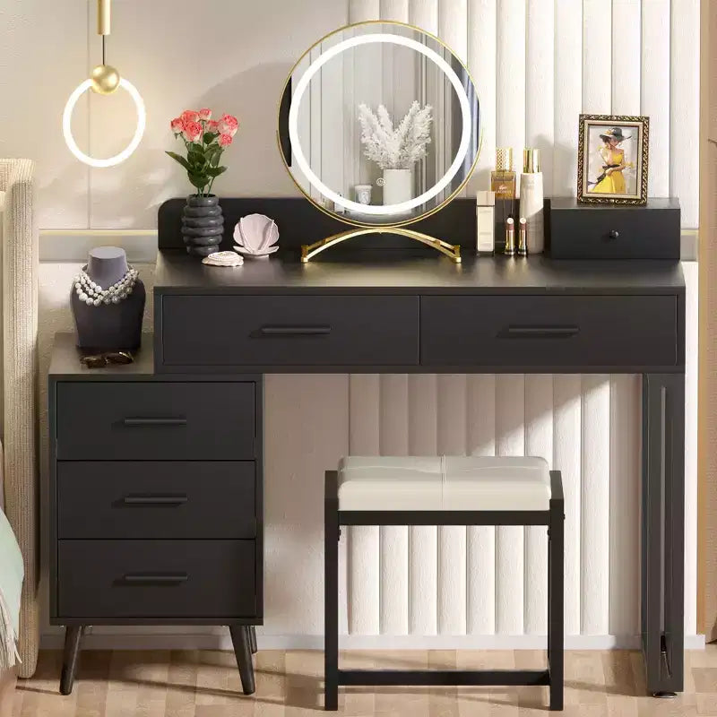 Vanity Desk with Stool and LED Mirror, Makeup Table with Wood Drawers