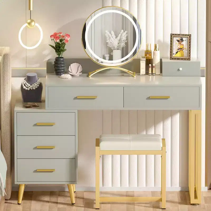 Toeletta con Sgabello e Specchio LED, Tavolo da Trucco con Cassetti in Legno