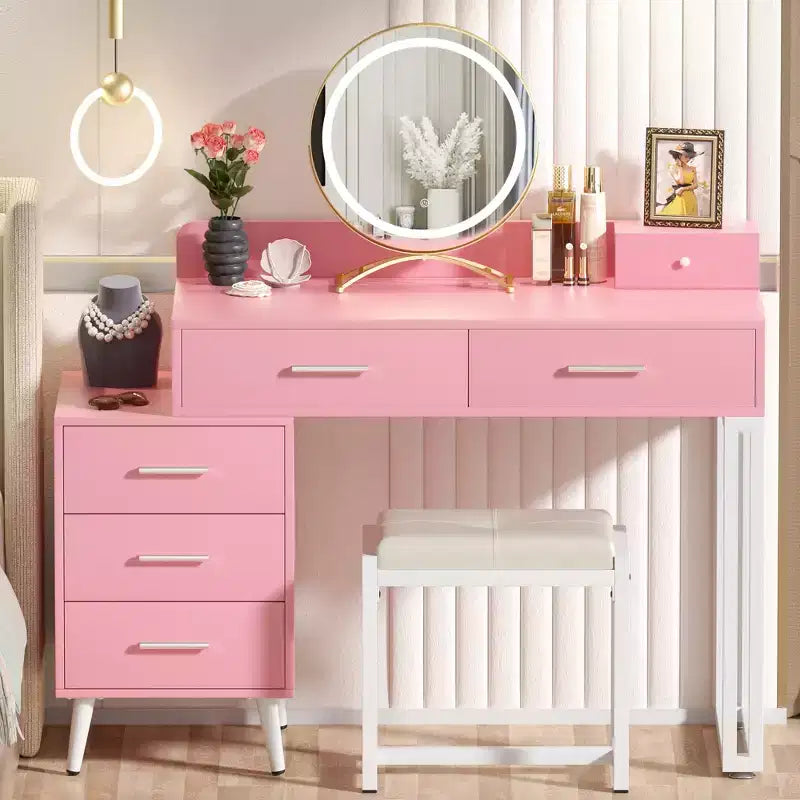 Toeletta con Sgabello e Specchio LED, Tavolo da Trucco con Cassetti in Legno