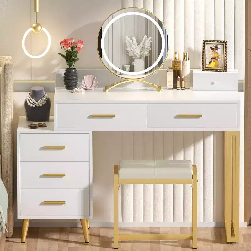 Toeletta con Sgabello e Specchio LED, Tavolo da Trucco con Cassetti in Legno