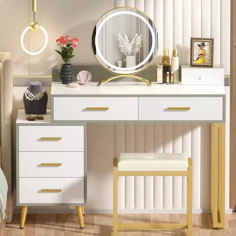 Toeletta con Sgabello e Specchio LED, Tavolo da Trucco con Cassetti in Legno