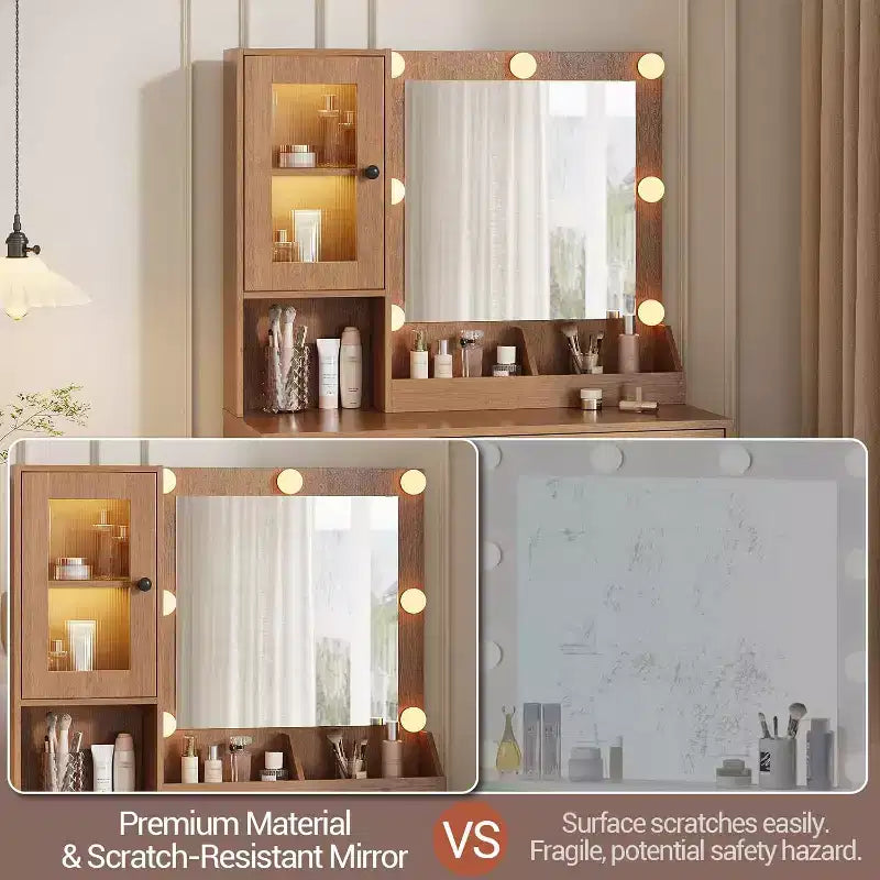 GustoWave Vanity Desk, Tavolino da trucco con specchio, prese integrate e porte USB