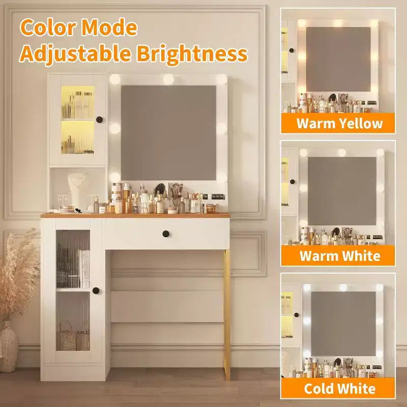 GustoWave Vanity Desk, Tavolino da trucco con specchio, prese integrate e porte USB