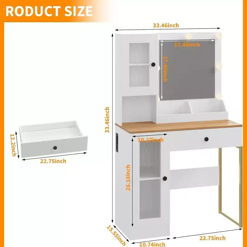 GustoWave Vanity Desk, Tavolino da trucco con specchio, prese integrate e porte USB