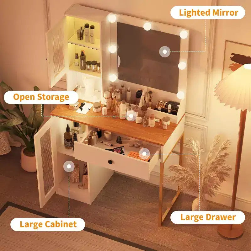 GustoWave Vanity Desk, Tavolino da trucco con specchio, prese integrate e porte USB