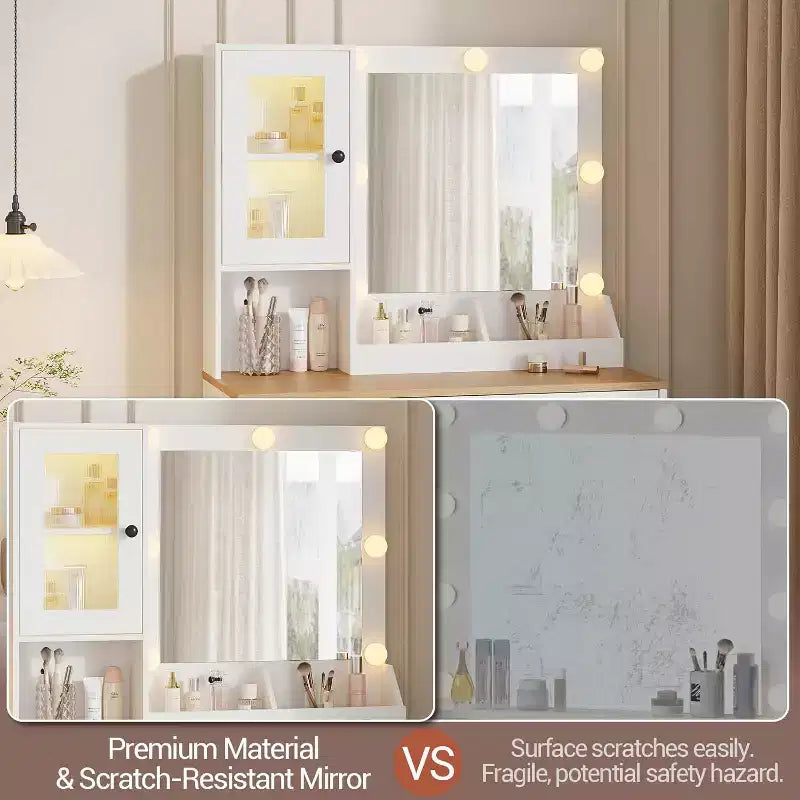 GustoWave Vanity Desk, Tavolino da trucco con specchio, prese integrate e porte USB