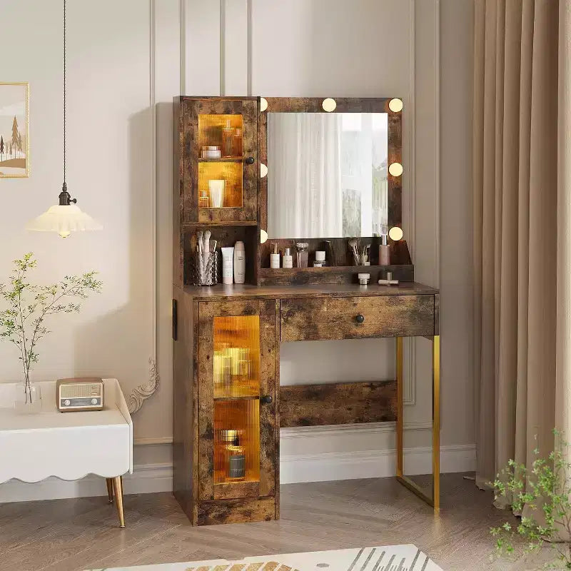 GustoWave Vanity Desk, Tavolino da trucco con specchio, prese integrate e porte USB