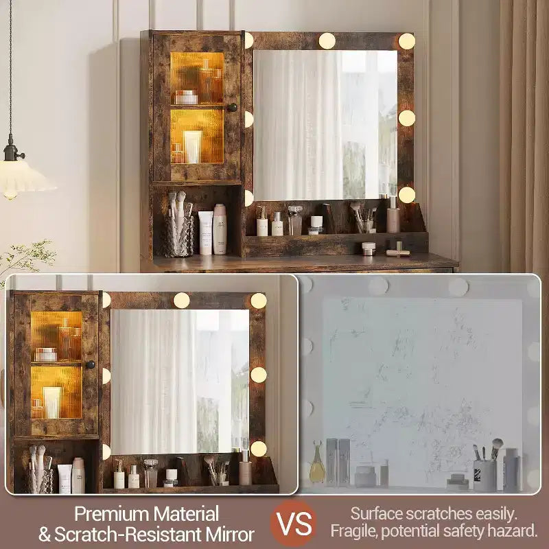 GustoWave Vanity Desk, Tavolino da trucco con specchio, prese integrate e porte USB