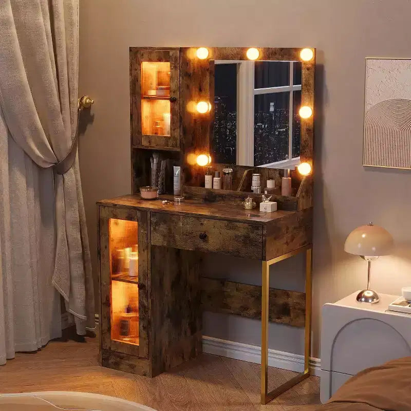 GustoWave Vanity Desk, Tavolino da trucco con specchio, prese integrate e porte USB