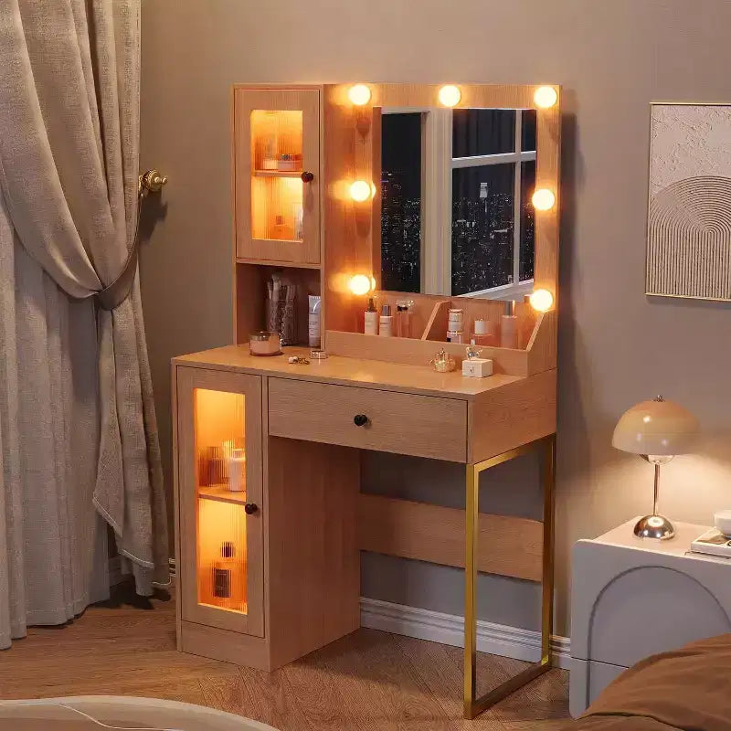 GustoWave Vanity Desk, Tavolino da trucco con specchio, prese integrate e porte USB