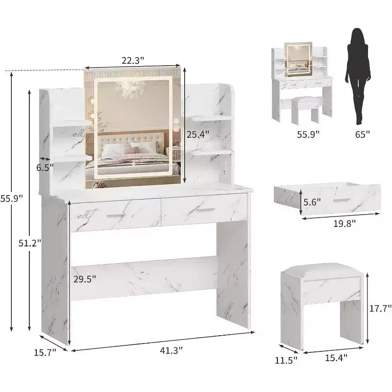 Set Toeletta Trucco Illuminata con Presa di Corrente e Sgabello Imbottito - Specchio con Luminosità Regolabile, 2 Cassetti e Ripiani Aperti, Scrivania Trucco per Camera da Letto