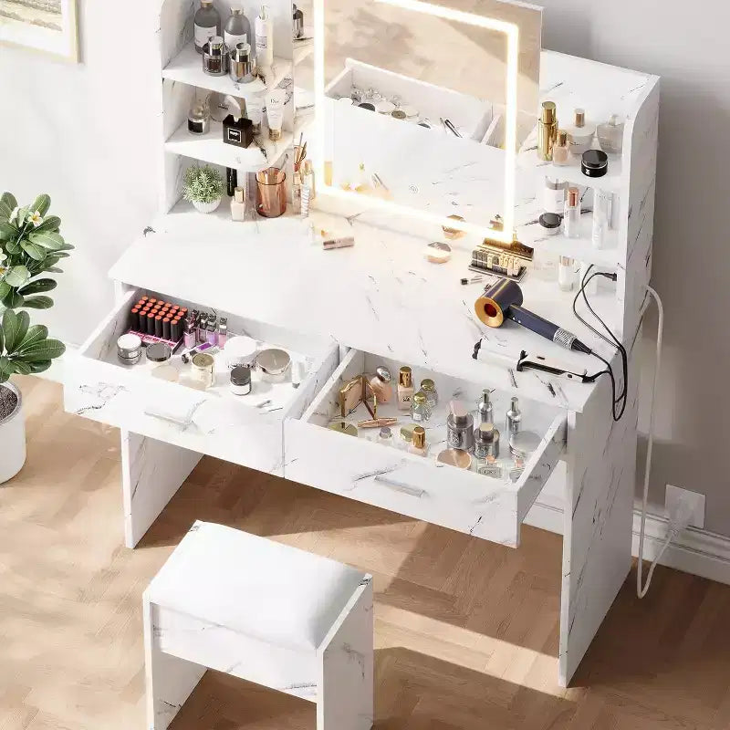 Set Toeletta Trucco Illuminata con Presa di Corrente e Sgabello Imbottito - Specchio con Luminosità Regolabile, 2 Cassetti e Ripiani Aperti, Scrivania Trucco per Camera da Letto