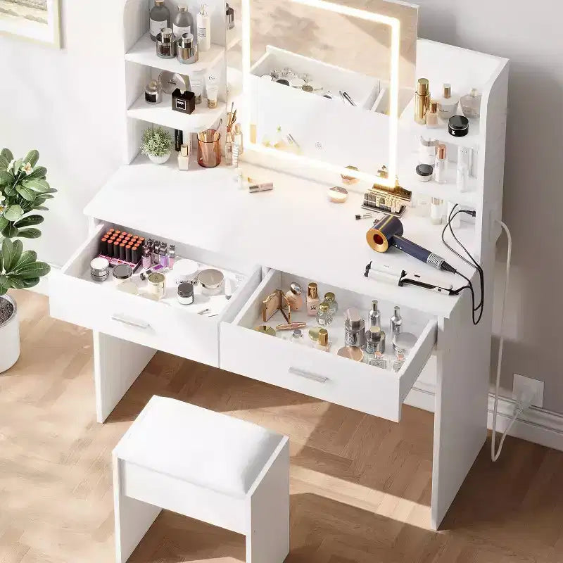 Set Toeletta Trucco Illuminata con Presa di Corrente e Sgabello Imbottito - Specchio con Luminosità Regolabile, 2 Cassetti e Ripiani Aperti, Scrivania Trucco per Camera da Letto