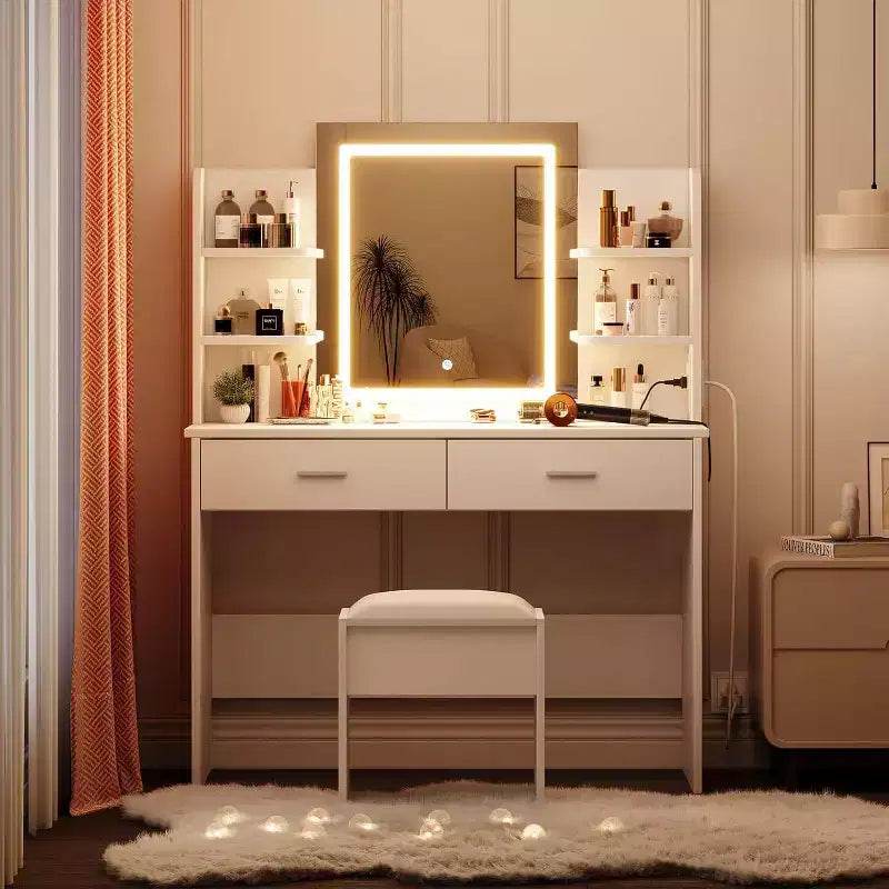 Set Toeletta Trucco Illuminata con Presa di Corrente e Sgabello Imbottito - Specchio con Luminosità Regolabile, 2 Cassetti e Ripiani Aperti, Scrivania Trucco per Camera da Letto