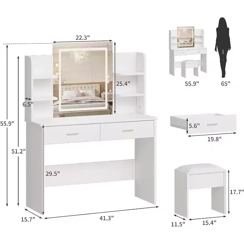 Set Toeletta Trucco Illuminata con Presa di Corrente e Sgabello Imbottito - Specchio con Luminosità Regolabile, 2 Cassetti e Ripiani Aperti, Scrivania Trucco per Camera da Letto